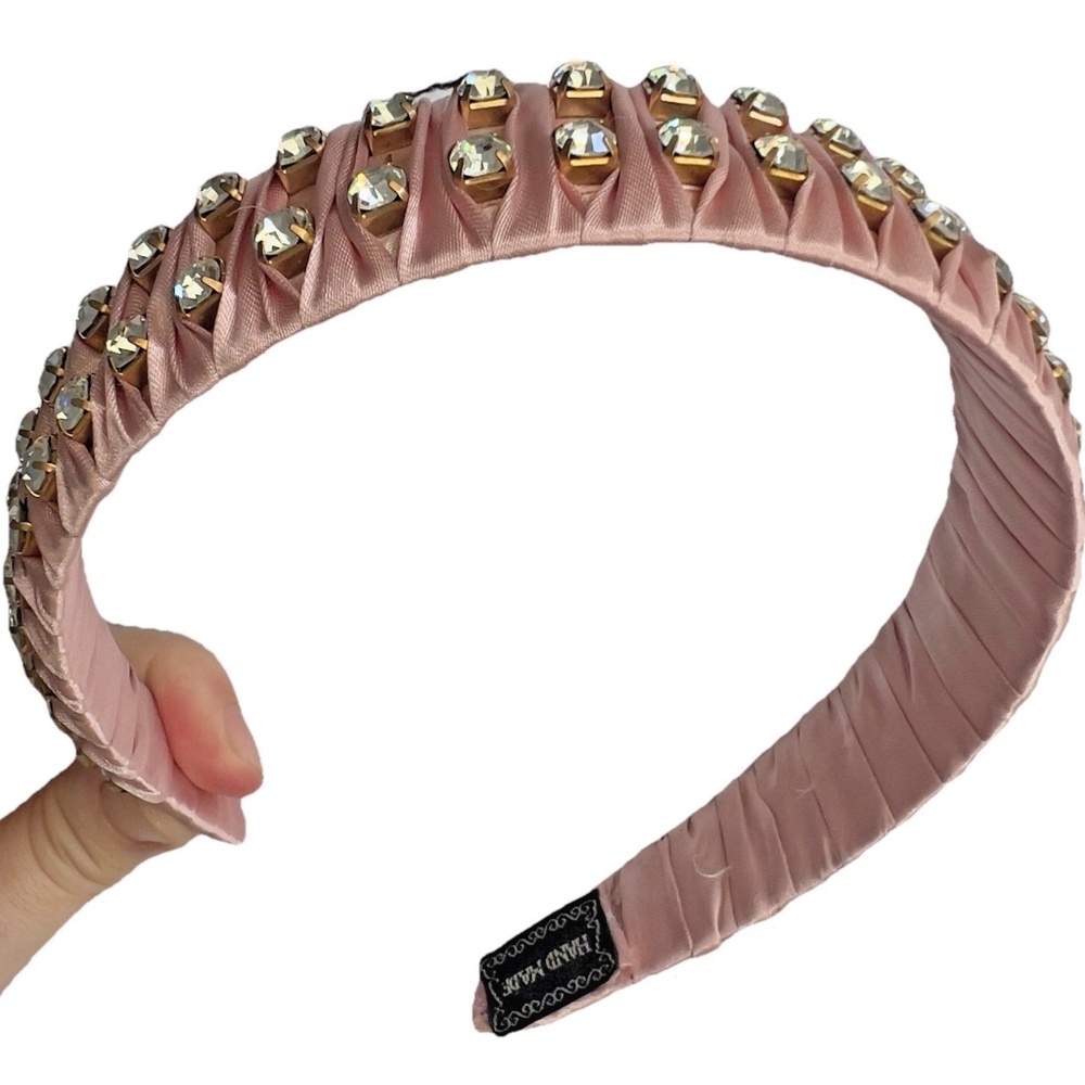 NEW Anthropologie Headband Rhinestones Pink Gold Handmade Head Band Stones Satin